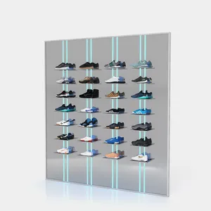 Custom retail sport footwear brand store fixtures multi layer floating wall mounted shoe display with led light