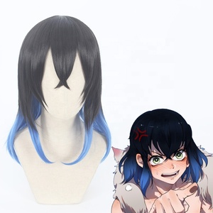 Peluca de <span class=keywords><strong>Cosplay</strong></span> de Demon Slayer, Hashibira <span class=keywords><strong>Inosuke</strong></span>, Negra y Azul, Corta de 35 cm, Sintética, Resistente al Calor, <span class=keywords><strong>Anime</strong></span> - Product Image 1