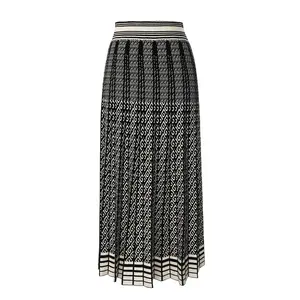 premium clothing manufacturer custom navy blue silk lurex thread fabric high quality pattern print pleated knitted skirts women