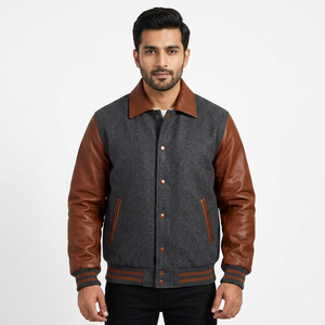 Custom <b>Grey</b> Brown Varsity <b>Jacket</b> Men Baseball Bomber <b>Jacket</b> Fashion College Uniform Streetwear Outerwear OEM ODM Wholesale - Product Image 1