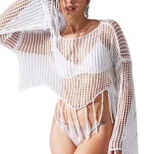 Top de Playa de Verano de Ganchillo con Manga Larga y Diseño Calado, Transpirable y Ligero, Informal, de Poliéster/Algodón con Cuello Redondo - Product Image 4