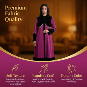 Abaya de luxe pour femme, couleur violet baie, maxi, avec bordure en velours et devant perlé, pour l'Aïd, tenue de boutique pour occasions spéciales - Product Image 2