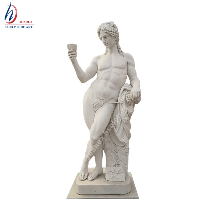Life Size Greek Famous White Marble Nude Male Baccus StatueとCup