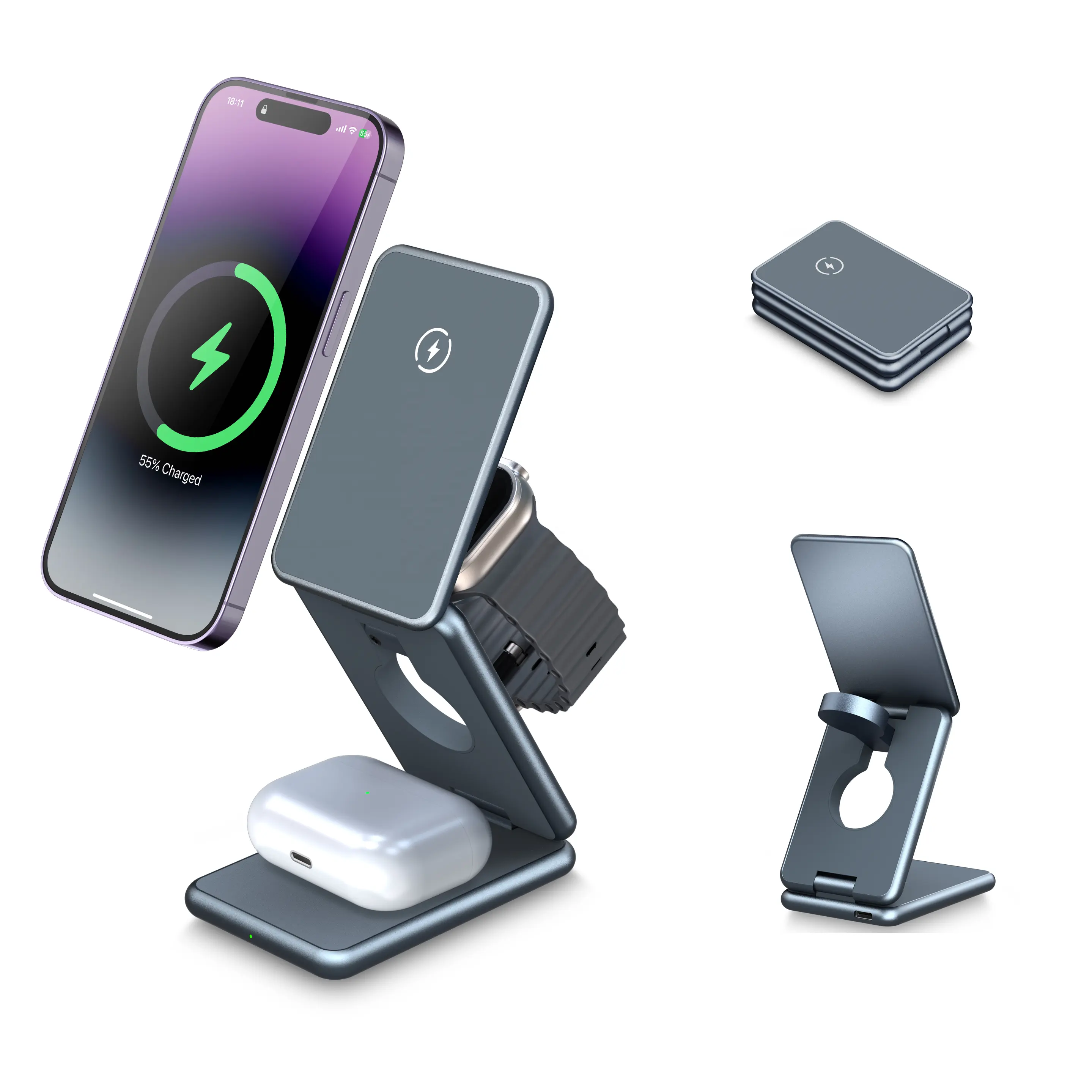 Aluminum QI Magnetic 15W Foldable 3 in 1 for Samsung Wireless Charger Portable Fast Charging Wireless Charger Stand for iphone