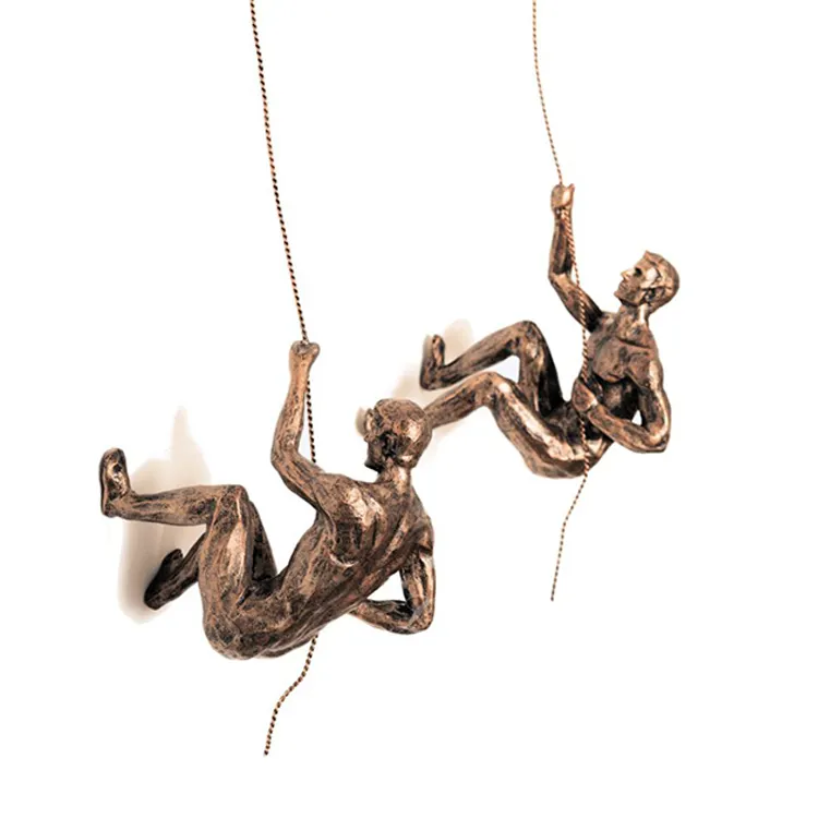 Custom hanging decorative metal art 3d bronze climbing man wall mounted sculpture on the rope