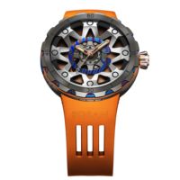 Montre mécanique automatique squelette creux à motif coloré, bracelet en silicone orange, aiguilles lumineuses, montre-bracelet analogique sport pour homme
