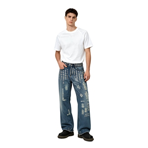 Pantalones Vaqueros de Mezclilla para Hombre con Logotipo Personalizado al por Mayor, Estilo Vintage, Lavado a la Piedra, con Ojales Metálicos, de Algodón, Ropa Urbana - Product Image 1