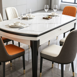 Ensemble de table à manger rectangulaire moderne en marbre avec pieds en métal, capacité de 6 personnes, extensible, durable, mobilier de salle à manger minimaliste - Product Image 2