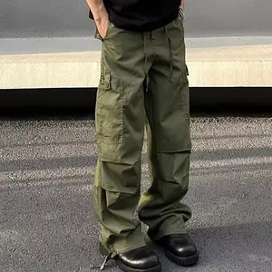Washed Men's Canvas Cotton Multi-Pocket With Button Zipper Stretch Workwear Black Green Tactical Pants Custom Logo Tights