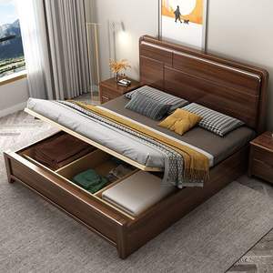 Lit en bois de noyer de style chinois moderne 1,5 m 1,8 m avec coffre de rangement, lit de mariage pour chambre principale - Product Image 3