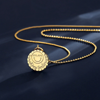 Collier pendentif pièce de monnaie visage souriant en acier inoxydable 316L plaqué or 18 carats, chaîne à perles rondes gaufrées, bijoux de mode pour femmes