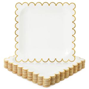 Modern Square White Gold Paper <b>Plates</b> Factory Direct OEM Disposable for Weddings Bridal <b>Showers</b> Scalloped Edges Hot Selling - Product Image 1