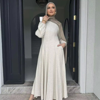 LEDUO Yüksek Kaliteli Zarif Günlük Kadın Düz Renk Yuvarlak Yaka Cepli Keten Nefes Alabilen Bahar Ramazan Müslüman Abaya Elbisesi