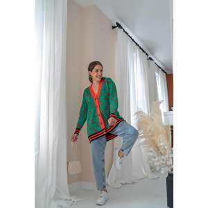 Cárdigan de punto con estampado verde para mujer, informal, con contraste de color, anti-bolitas, cuello en V, suéter de manga larga, top de moda - Product Image 2