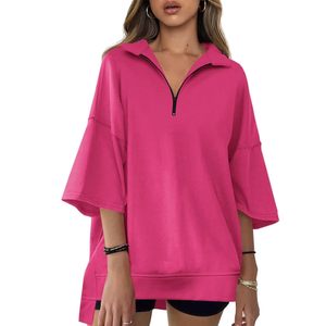 Sweat-shirt surdimensionné pour femme, manches 3/4, fermeture éclair, col en V, tunique asymétrique, tricotée, décontractée - Product Image 1