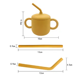 Gobelet en silicone de qualité alimentaire sans BPA avec deux poignées et plateau, pour bébé, avec paille et couvercle - Product Image 2