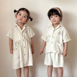 Set Camicia Estiva in Viscosa e Lino per Bambini, Nuovi Vestiti per Ragazzi, Abito a Maniche Corte Stile Coreano per Bambine, Coordinato Fratello-Sorella - Product Image 4