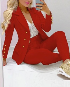 Setelan <span class=keywords><strong>Blazer</strong></span> Wanita Kasual Terbaru Bahan Velour Anti Kusut Kancing Depan Celana Panjang - Product Image 4