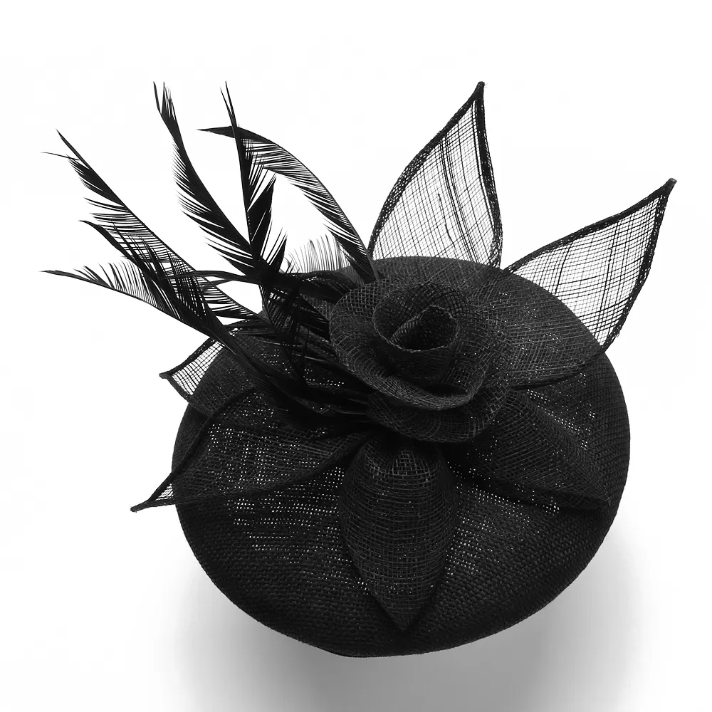 Black Rose Flower Design Handmade Wedding Bride Headwear Cocktail Tea Party Feather Hair Fascinator Hat For Women Lady Girls