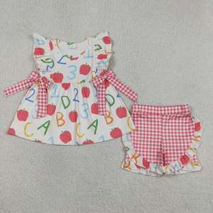 Tenue pour tout-petits pour la rentrée scolaire avec imprimé ABC et pomme, polo à carreaux pour garçons, robe à volants et ensemble short pour filles - Product Image 6