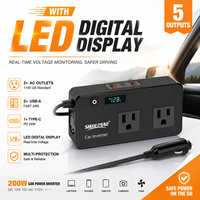 Inversor de Corriente para Auto de 200W, de 12V CC a 110V CA, con Pantalla LED de Voltaje, Enchufe Estándar Americano, Cargador Rápido USB-A y Tipo-C
