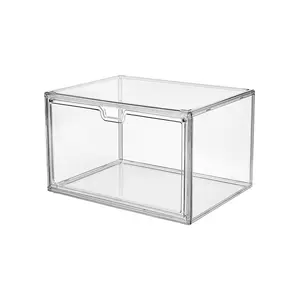 Stackable Clear Acrylic Drop Front Shoe Container Storage Boxes With Magnetic Door