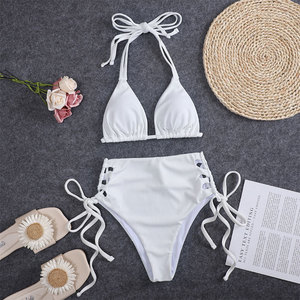 Bikini estivo da spiaggia da donna a vita alta con Design Sexy Modulare pendente con sezione collo tinta unita traspirante a triangolo con stampa sul baule da nuoto - Product Image 2