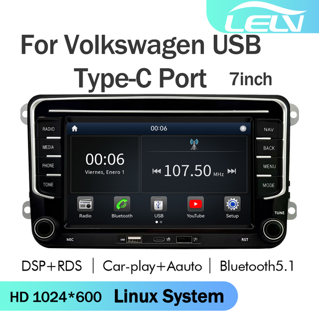 LELV 7 Inch Linux System Car Radio for Volkswagen USB Type-C Port Split Screen Stereo Navigation Android Auto Video Player