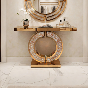 Mesa Consola con Espejo y Incrustaciones de Diamantes, Superficie de Madera de Roble, Altura Ajustable, Moderna, para Sala de Estar, Entrada Estrecha, Sofá - Product Image 2