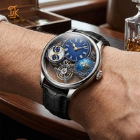 Montre squelette personnalisée OEM ODM avec logo, globe rotatif 24H, indicateur jour/nuit, montre-bracelet mécanique automatique de luxe pour homme, faible MOQ