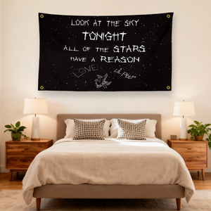 Striscione Lil Peep "Look at the Sky Tonight", Arazzo con testo di canzone nero stellato, Decorazione da parete in poliestere per fan di Emo, <span class=keywords><strong>Rap</strong></span> e musica - Product Image 2