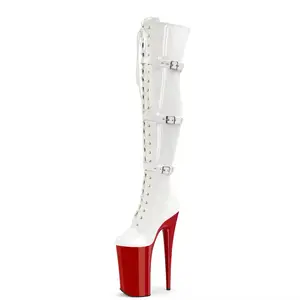 10inch-26cm Exotic Dancer New Belt Buckle Lace Up Catwalk Stripper Heels Nightclub Long Boots Sexy Fetish Shoes Round Toe Punk