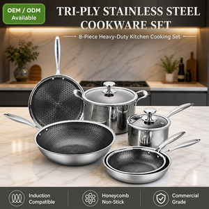 OEM 8 Piece Tri-Ply Stainless Steel Cookware Set Scratch Resistant Honeycomb Non Stick Kitchen <b>Pots</b> and Pans Set <b>for</b> <b>Induction</b> - Product Image 1