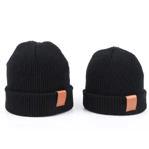 Custom leather patch cotton blank knitted beanies knitted black knit beanie