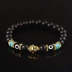 Pulseira de buda e olho para mulheres 8mm, bracelete com elástico redondo e brilhante pedra preta, pulseiras masculinas