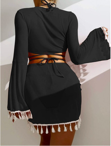 Solid Color Four Piece Bikini Set Mesh Mini Skirt Tassel Kimono Matching Two Piece Swimsuit for Women Spandex/Polyester - Product Image 5