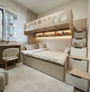 <span class=keywords><strong>Lit</strong></span> superposé contemporain blanc pour tout-petits avec escalier et tiroir, design en bois écologique pour chambre, villa, appartement - Product Image 2