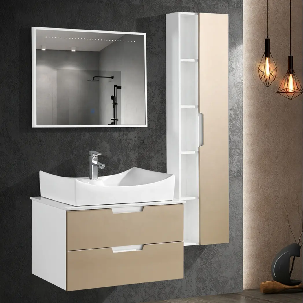 Hot Sale Wall Mounted Modern Waterproof High Gloss Painting Pvc Bathroom Vanity Cabinet with Led Lights