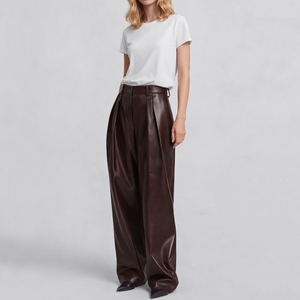 Pantalons droits en cuir lisse à taille haute et à double pli, vêtements de mode OEM de haute qualité pour femmes - Product Image 4