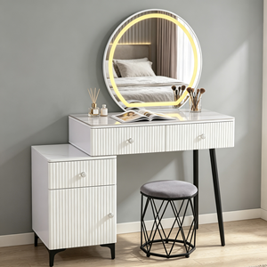 Modern <b>Makeup</b> <b>Vanity</b> With Lighted <b>Mirror</b> Storage Drawers Bedroom Dressing Table With Stool - Product Image 1