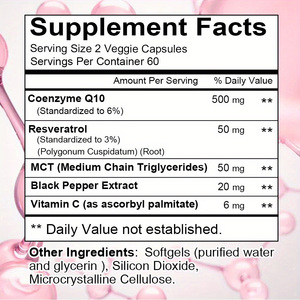 อาหารเสริมโคเอนไซม์ Q10 500 มก. ประสิทธิภาพสูง พร้อมเรสเวอราทรอล 50 มก. - บำรุงสุขภาพหัวใจและพลังงาน - สำหรับผู้ใหญ่ - 120 แคปซูลซอฟต์เจล (OEM/ODM) - Product Image 2