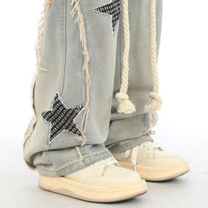 Lace-up Raw Edge Mid Waist <strong>Rockstar</strong> Jeans Men Designer Baggy Jeans Stars Trousers Wholesale Custom Denim OEM Straight Knitted - Product Image 4