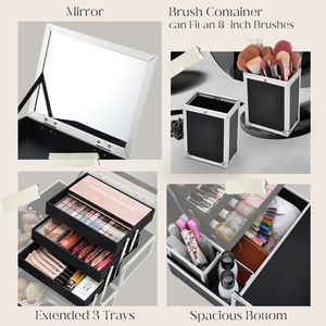 Portable <b>Makeup</b> Train Case with 4 Foldable Trays & Detachable Brush Holder Large Cosmetic <b>Box</b> Nail Storage Organizer with Mirror - Product Image 3