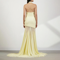 Robe longue élégante jaune pour femme ZYHT 73367, col halter, ornements floraux 3D, panneau en maille transparente, froncée, pour les soirées
