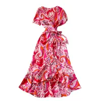 ブティック卸売半袖ドレス2022夏のファッションVネック新しいカジュアル韓国風プリントレディースドレス