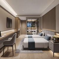 Ensemble complet de mobilier de chambre d'hôtel d'affaires en bois massif de luxe léger, comprenant bureau, table de chevet et tête de lit rembourrée, pour chambre à coucher et appartement
