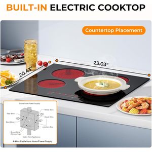 Table de cuisson électrique encastrable Euhome 24 pouces, 4 brûleurs, 6000W, serpentin radiant, plaque vitrocéramique noire - Product Image 5