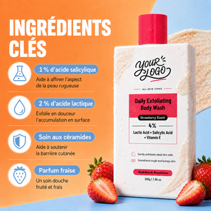 ODM OEM Nouvelle Génération Gel Douche Rafraîchissant, Affine la Texture Rugueuse, Adoucit la Peau Sèche et Terne, Parfum Fraise, Gel Douche Exfoliant - Product Image 5