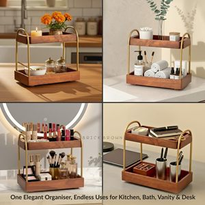 Double Layer Wooden Storage <b>Rack</b> With Metal Handles For Kitchen Pantry Organization Desktop Display <b>Shelf</b> Rectangle Shape - Product Image 4