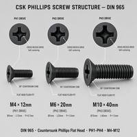 Vis CSK Phillips M4 M5 M6 M8 M10 M12 à tête fraisée, à embase cruciforme, vis de machine à tête plate DIN 965 en acier au carbone, oxyde noir